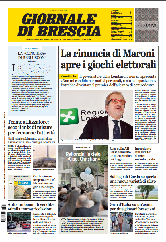 Rassegna stampa quotidiani locali 9 gennaio 2018