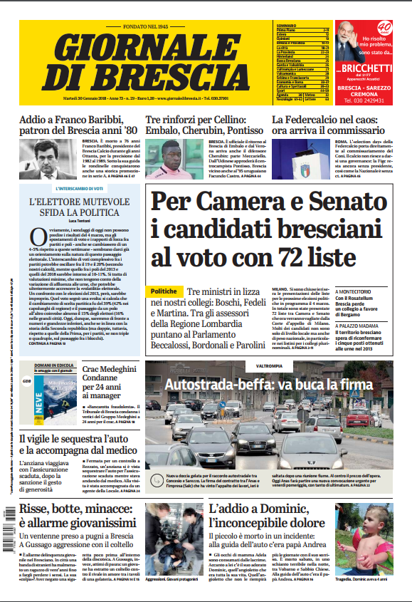Rassegna stampa quotidiani locali 30 gennaio 2018