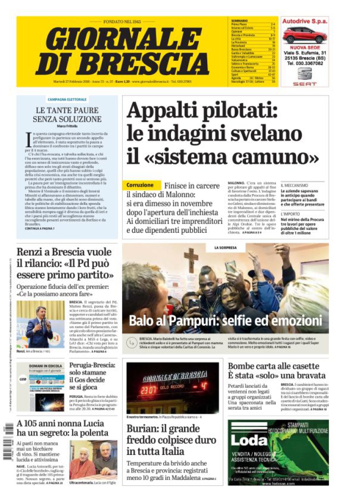 Rassegna stampa quotidiani locali 27 febbraio 2018