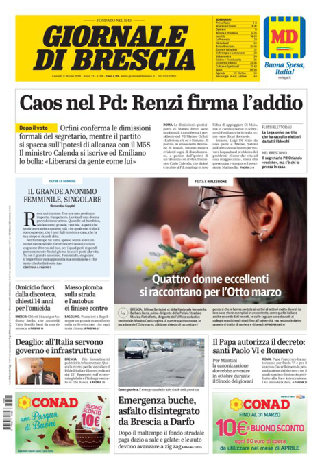 Rassegna stampa quotidiani locali 8 marzo 2018