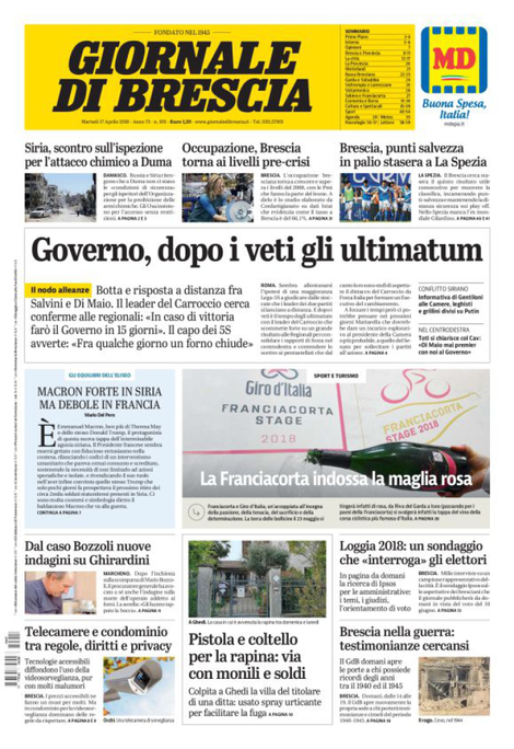 Rassegna stampa quotidiani locali 17 aprile 2018